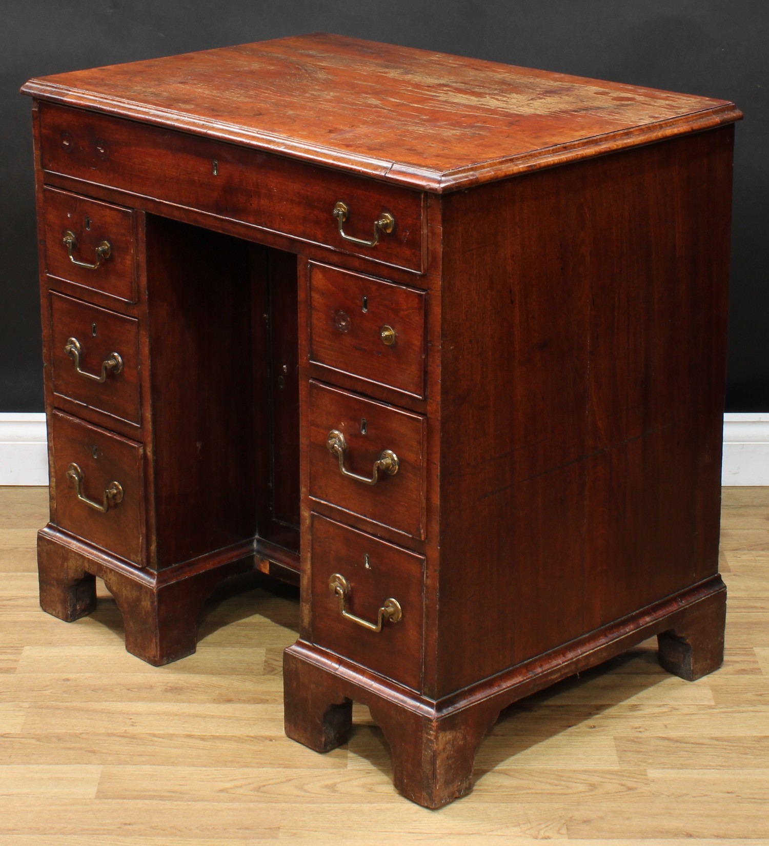 A George III mahogany kneehole desk, rectangular top with moulded edge above a long cockbeaded - Image 5 of 6