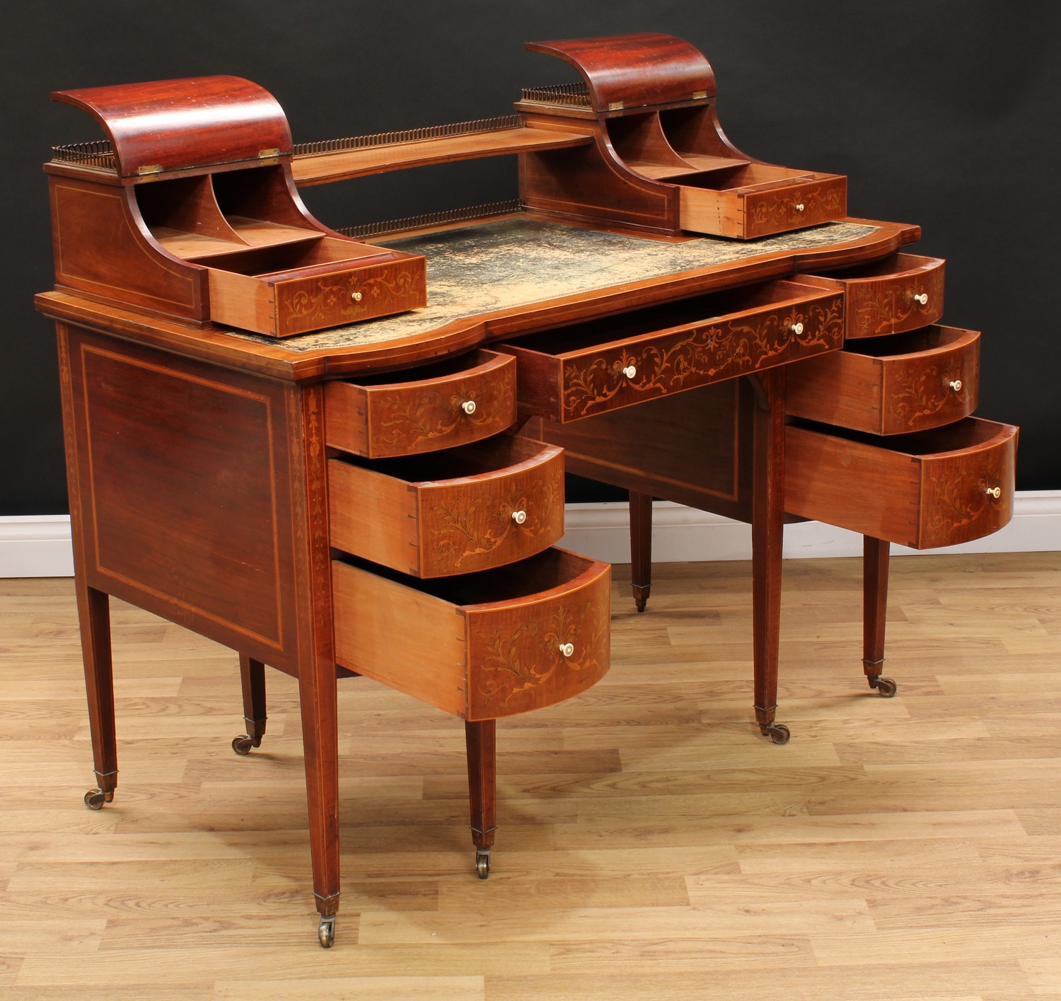 A late Victorian Sheraton Revival mahogany and marquetry writing desk, shaped superstructure with - Image 5 of 7
