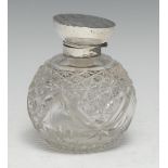 A George V silver mounted hobnail-cut globular scent bottle, hinged cover enclosing a stopper, 10.