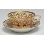A Derby cabinet cup and saucer, pattern 626, painted with pink roses in gilt trellis framed by leafy