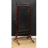 A Regency mahogany cheval mirror, rectangular plate, turned supports and stretchers, sabre legs,