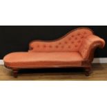 A William IV mahogany chaise longue, deep-button back, stuffed-over upholstery, bulbous-reeded legs,