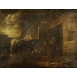 English School (18th century/19th century) The Farmer's Wife, followed by two horses and a dog oil