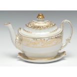 A Worcester Flight Barr boat shaped teapot, cover and stand, gilded with a band of scrolling