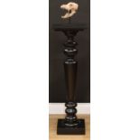 A 19th century ebonised statuary pedestal, square top, turned pillar, square plinth, 100cm high, the