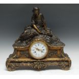 A 19th century brown patinated spelter mantel clock, 10cm circular enamel dial inscribed E.E.