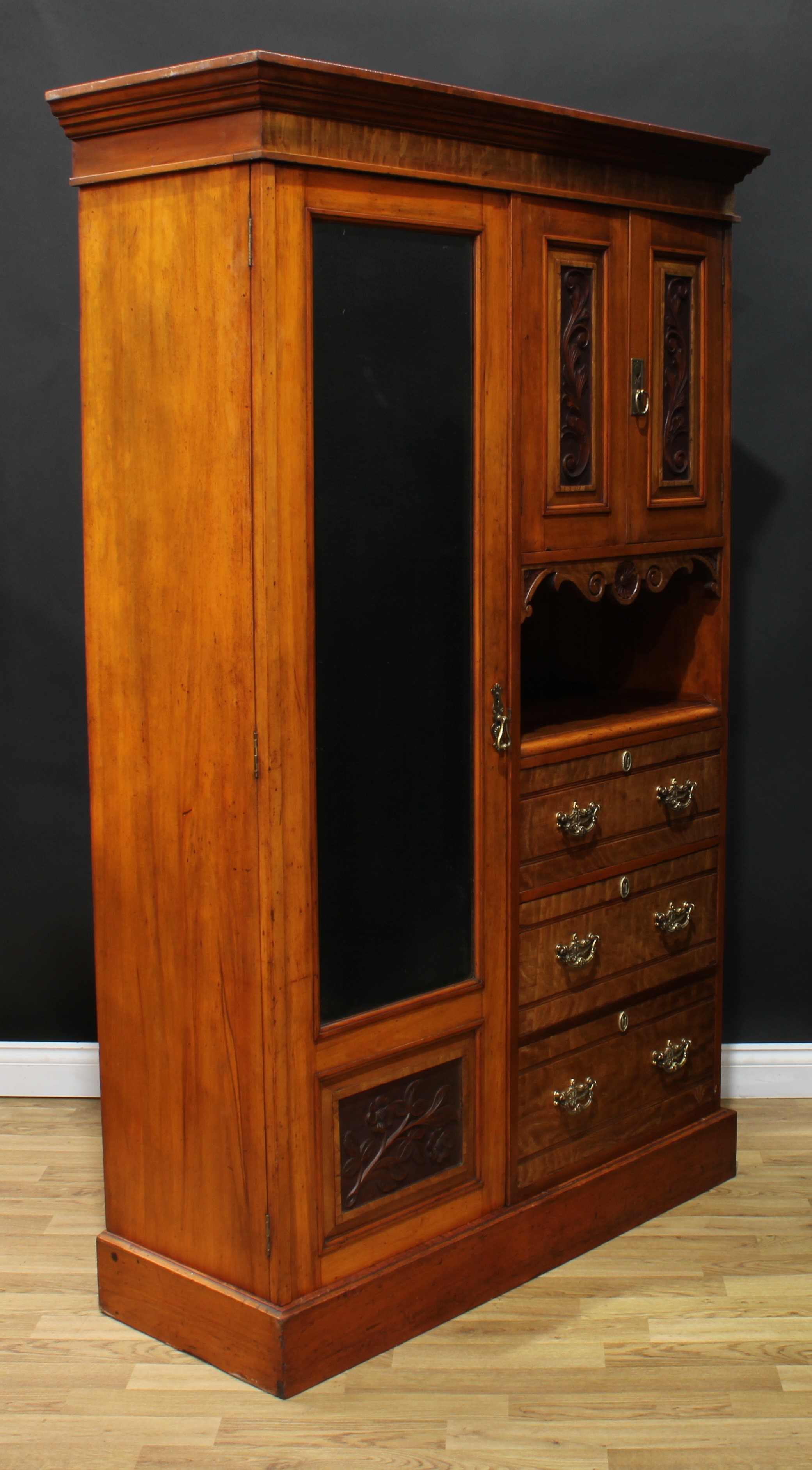A late Victorian curly maple accented wardrobe, outswept cornice above a three-quarter mirrored door - Image 2 of 4