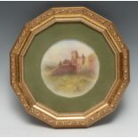 A Royal Worcester circular plaque, painted by Jas Stinton, with Dunstarr Castle, 13cm diam, green