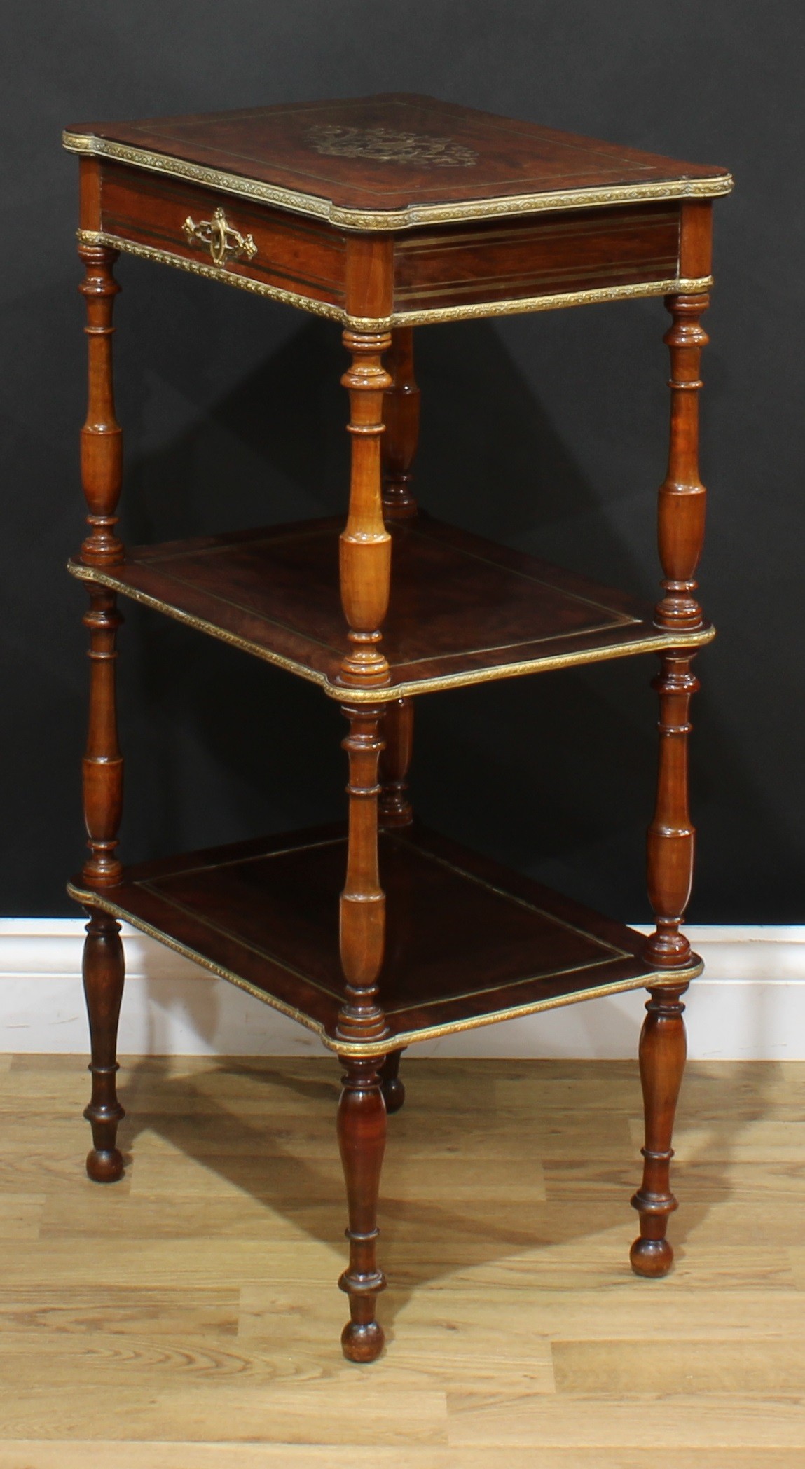 A 19th century French brass mounted and marquetry bijouterie etagere, hinged rectangular top - Image 5 of 6