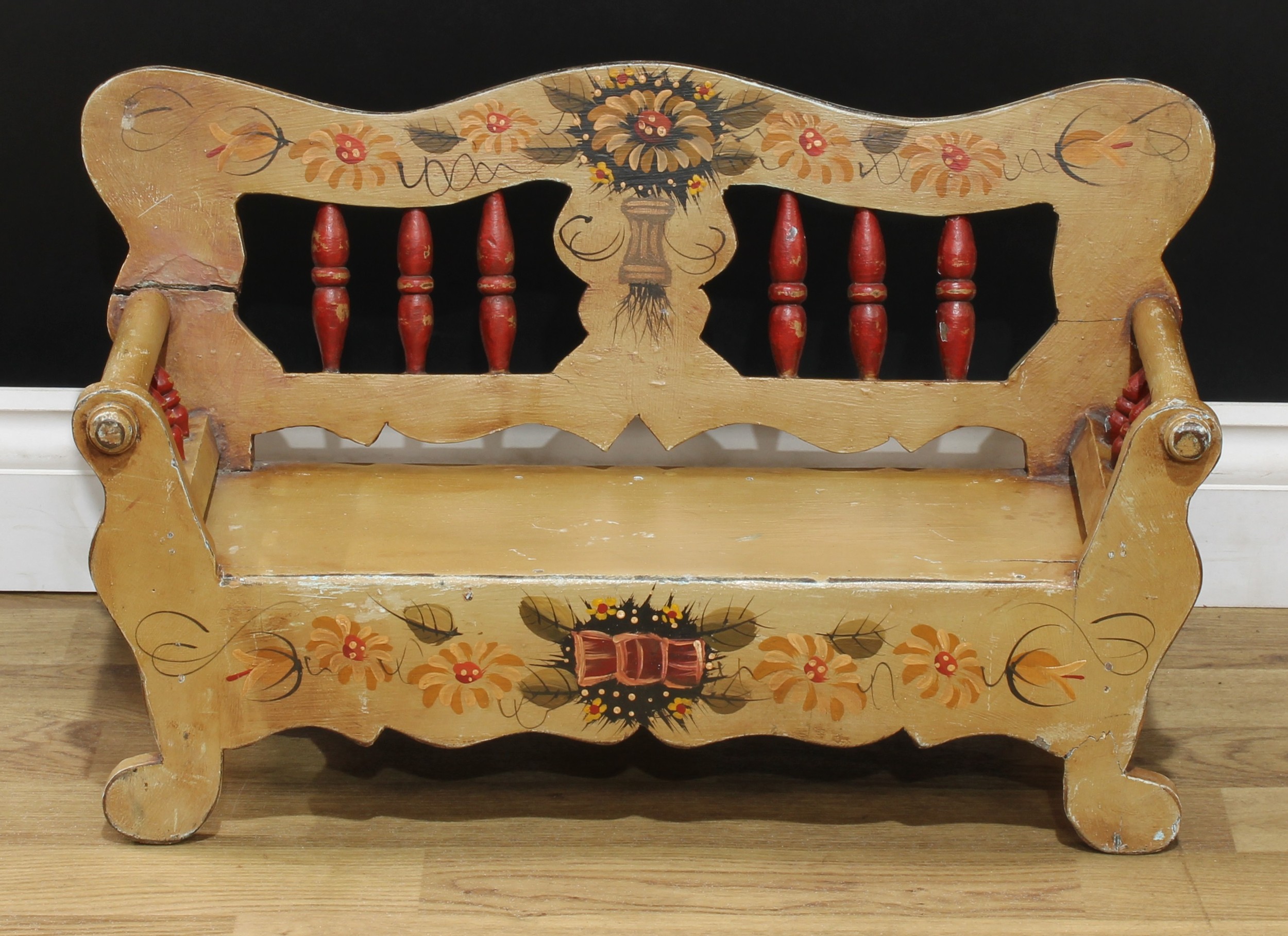 Miniature Furniture - an early-mid 20th century painted bench, possibly Scandinavian, painted with - Image 6 of 18