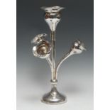 A George V silver three branch table centre epergne, tulip-shaped flutes, domed base, 38cm high,