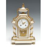 A Louis XVI style ormolu and white marble mantle clock, 9cm circular enamel dial with Arabic