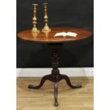 A George III mahogany birdcage tripod occasional table, circular tilting top, turned column,