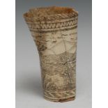 An 18th century bone scrimshaw cup or dice shaker, probably German, sgraffito engraved with a