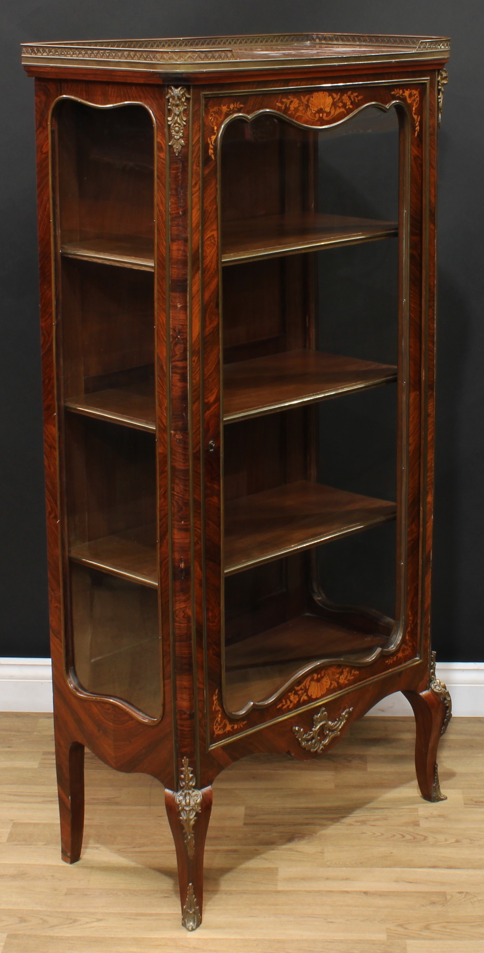 A Louis XV Revival gilt metal mounted rosewood and marquetry vitrine, rouge marble top with - Image 3 of 3