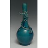A Japanese Awaji turquoise bottle vase, the neck with coiled three clawed dragon and clouds,