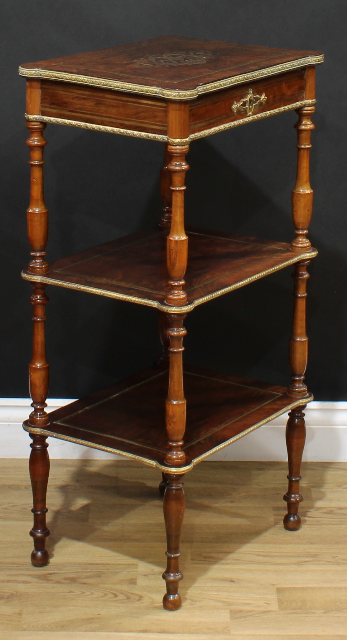 A 19th century French brass mounted and marquetry bijouterie etagere, hinged rectangular top - Image 3 of 6