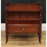 A George III Revival mahogany four-section Canterbury, turned spindles, cockbeaded drawer to frieze,