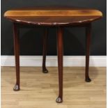 A George II mahogany drop-leaf table, circular top with fall leaves, straightened cabriole legs, pad