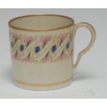 A Pinxton coffee can, pattern 322, with blue, green and pink enamel 'peacock' feather border. c.1800