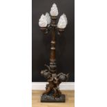 A 19th century style bronze floor-standing five-light lamp, flame-pressed glass shades,