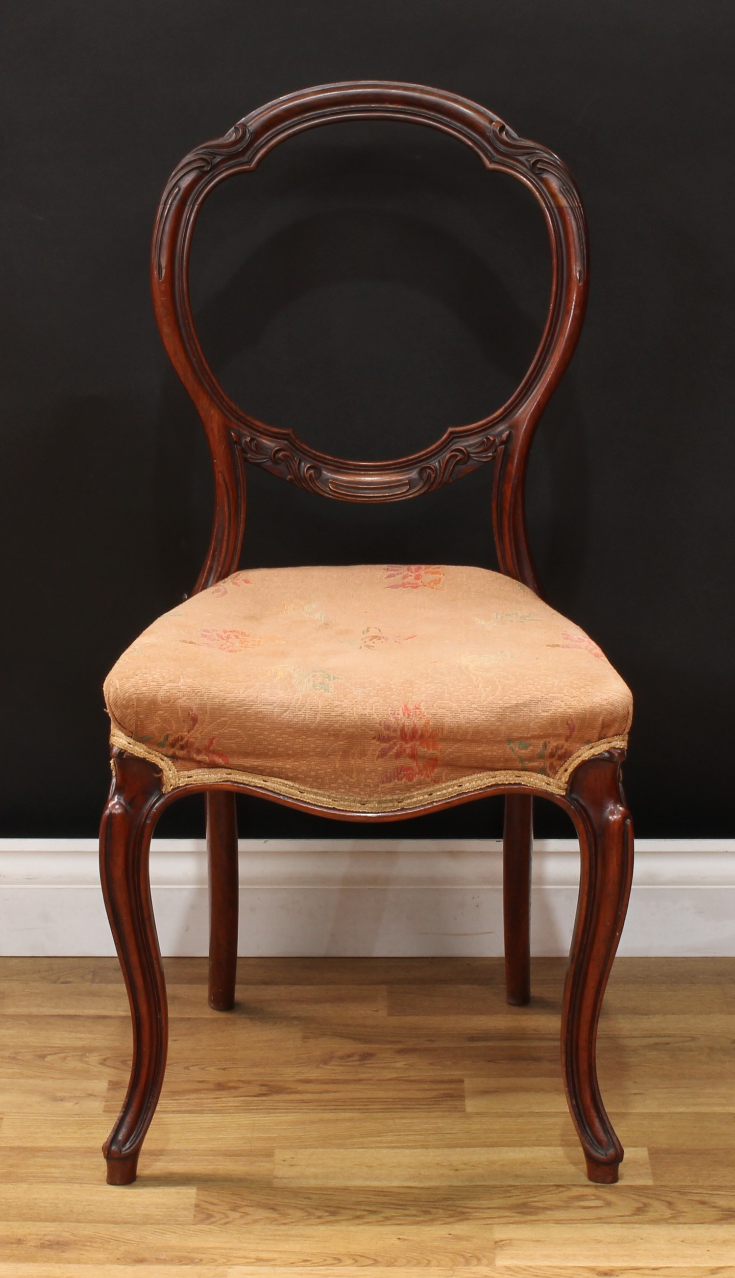 A set of six Victorian mahogany balloon back dining chairs, each with a shaped moulded back carved - Image 2 of 5