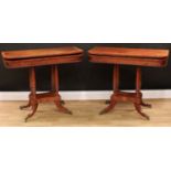 A pair of Regency mahogany tea tables, each with a crossbanded hinged top above a beaded edge