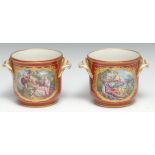 A pair of French Sevres-style cache pot, painted with Boucher inspired scenes of a courting