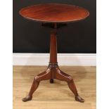 A 19th century mahogany tripod Manx table, dished circular top tilting and turning on a birdcage