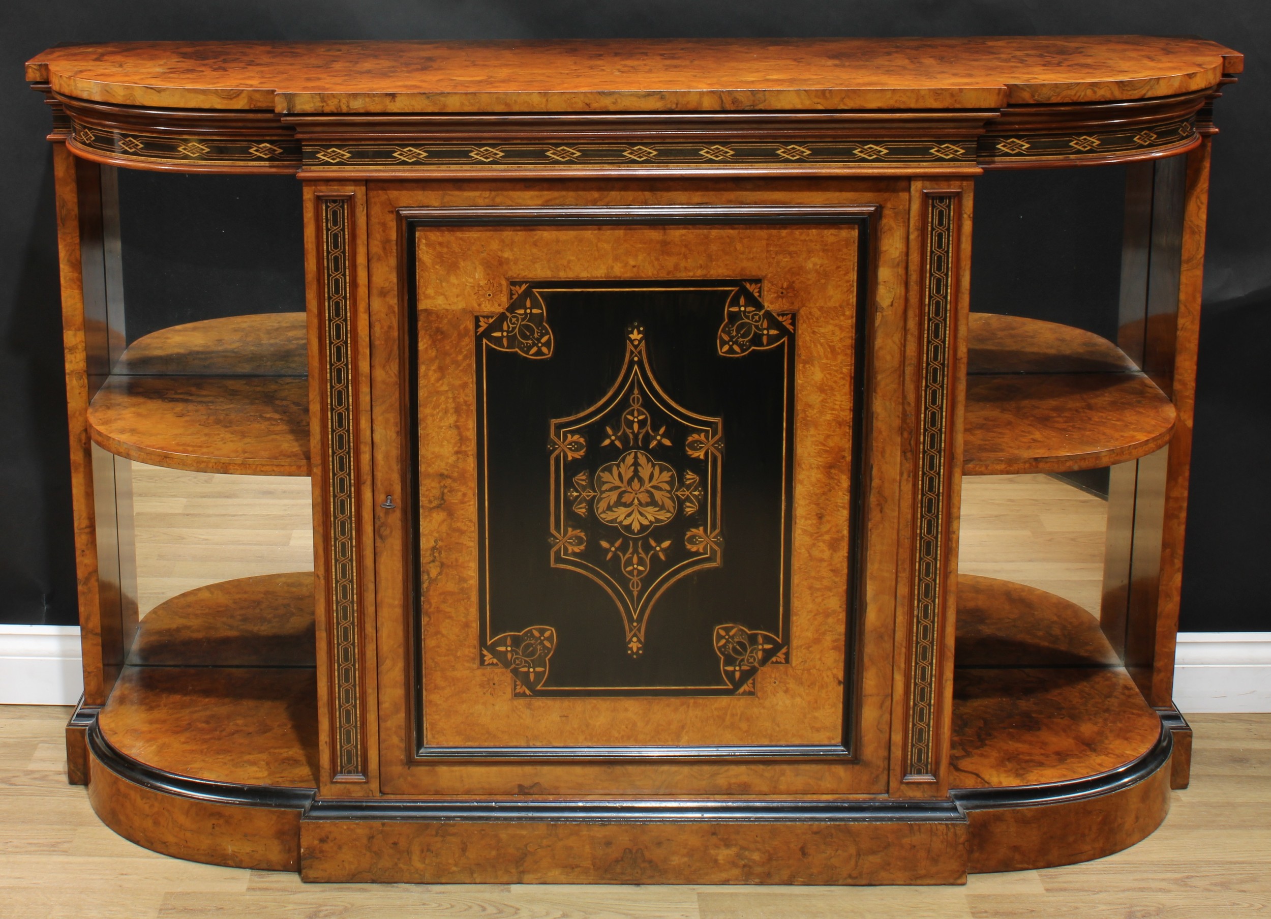 A Victorian walnut, ebonised and marquetry break-centre credenza, slightly oversailing top above a - Image 2 of 5