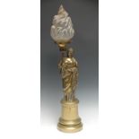An early 20th century brass figural table-lamp, cast as a Classical maiden, plinth base, flame