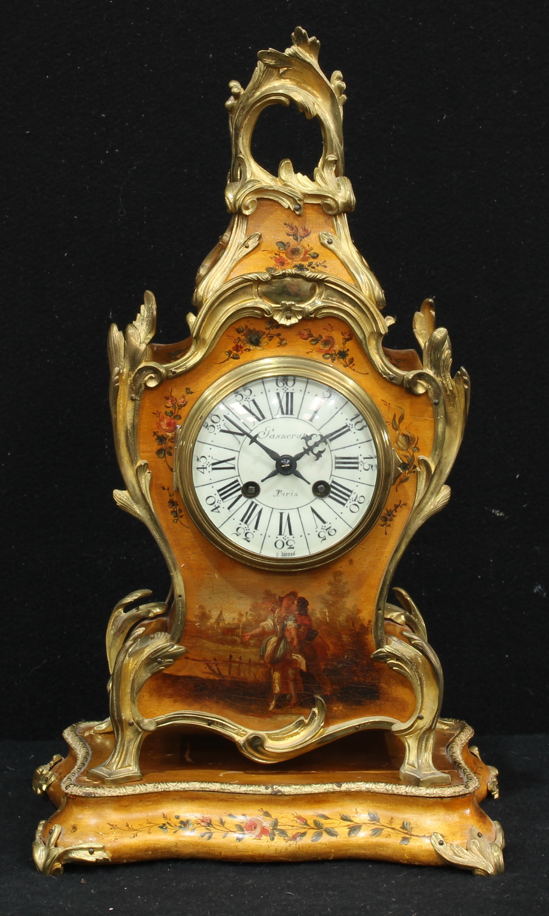 A Louis XV Revival gilt metal mounted Vernis Martin cartouche shaped mantel clock and bracket,