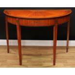 A Sheraton Revival mahogany crossbanded satinwood metamorphic demilune dressing side table, hinged