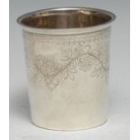 A 19th century French silver cylindrical beaker, wriggle-work engraved with a fruiting and flowering