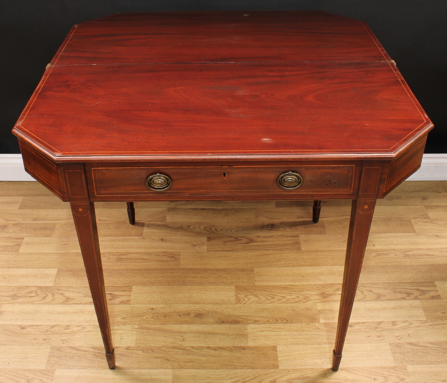 A George III mahogany tea table, canted rectangular top above a long frieze drawer, tapered square - Image 3 of 5