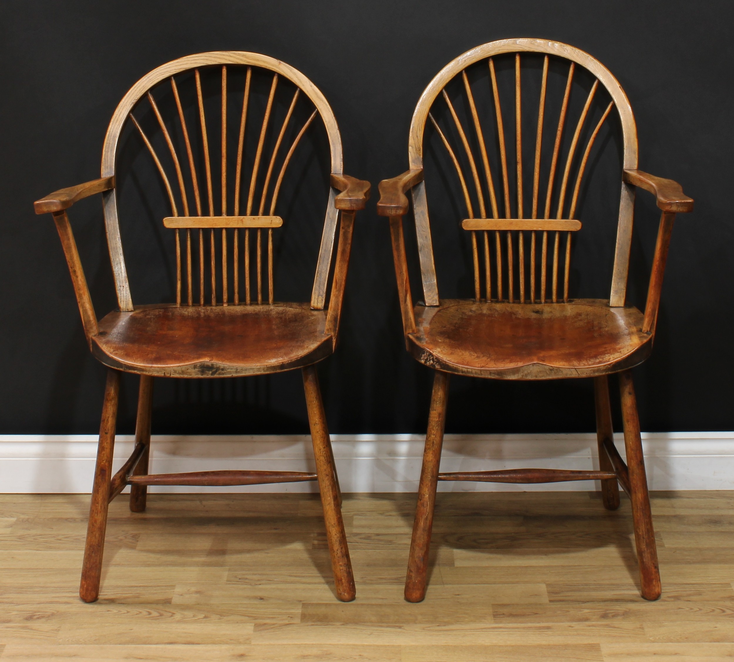 A pair of 19th century sheaf-back elbow chairs, of Windsor chair construction, hoop backs, saddle - Image 2 of 4