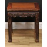 A Chinese hardwood fishbowl stand, panel top, shaped frieze carved with angular scrolls, square-