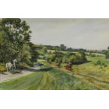 Harry Buxton (Contemporary) Trotting On, Epsom Downs signed, oil on board, 50cm x 75cm