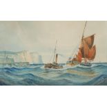W E J Dean (1884-1956) A Pair, Sailing and Tug Boats off the Coast signed, watercolour, 24cm x 38cm