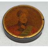 Royalty - a George IV papier mache circular snuff box, commemorative of the coronation, printed with