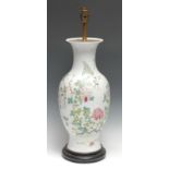 A Chinese Famille Rose porcelain baluster lamp, well-painted with peonies and other blossoming