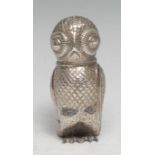 An Indo-Persian silver novelty pepper, as an owl, screw-fitting cover, 8.5cm high, apparently