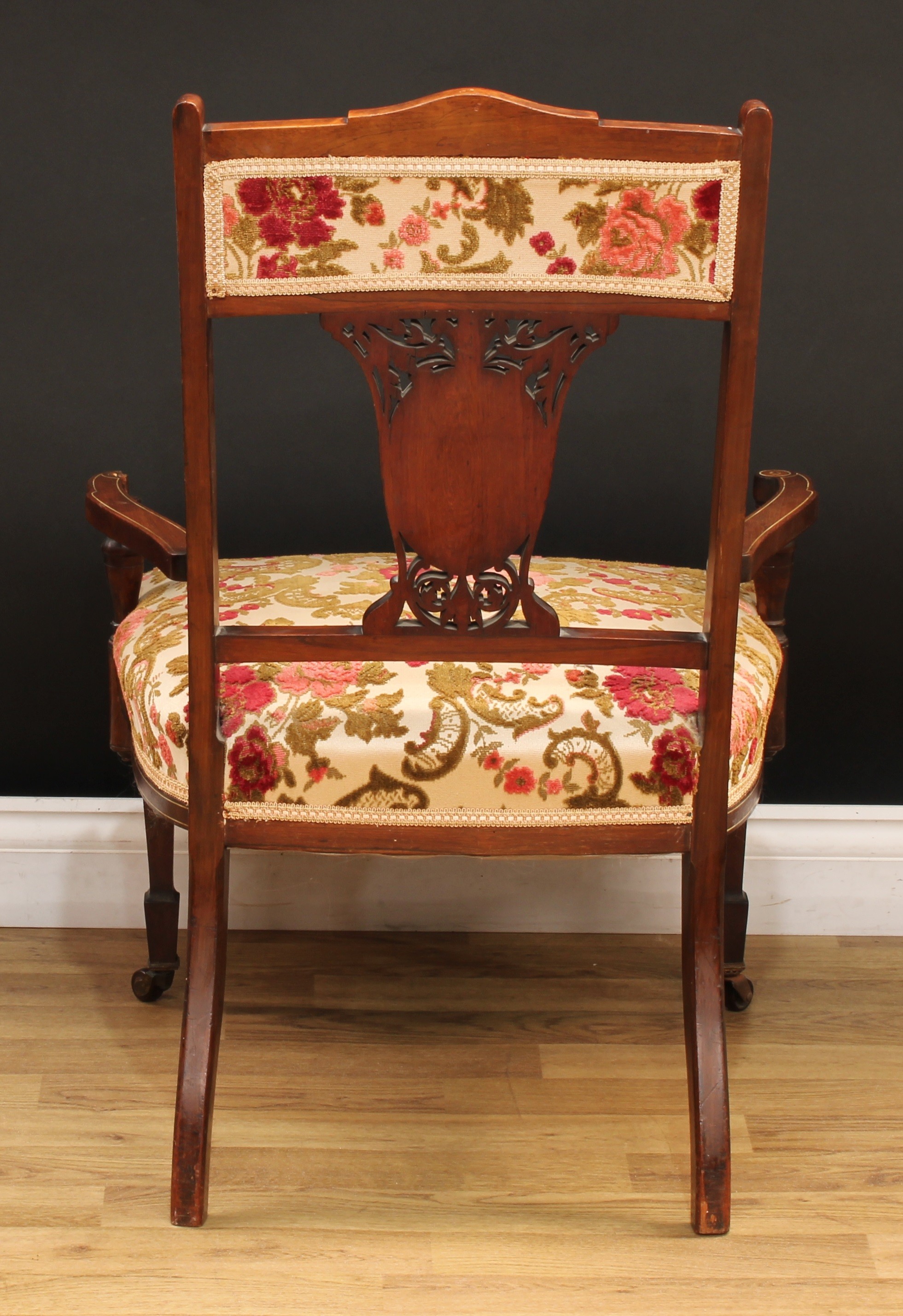 A late Victorian rosewood and marquetry four-piece drawing room suite, comprising a sofa, 85.5cm - Image 6 of 12