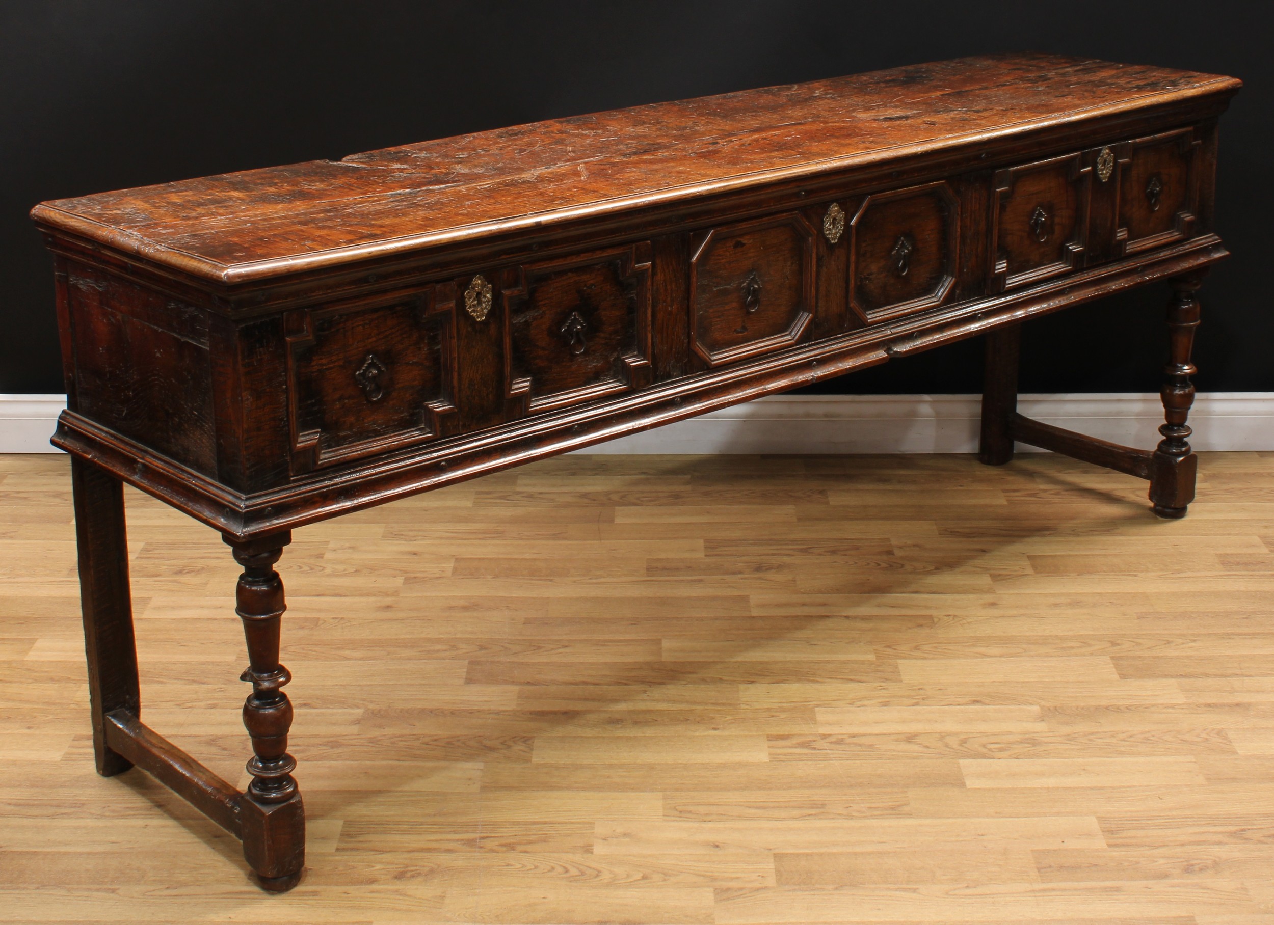 A Charles II design oak block front low dresser, oversailing plank top with moulded edge above three - Image 3 of 6