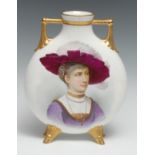 A Minton moon flask, painted by Boiston, signed, with a portrait of a girl wearing a large feathered