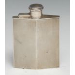 An Art Deco silver lozenge shaped hip flask, engine turned, hinged bayonet cover, 11.5cm high,