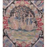 A Baroque needlework tapestry, depicting figures allegorical of the arts and sciences, surrounded by