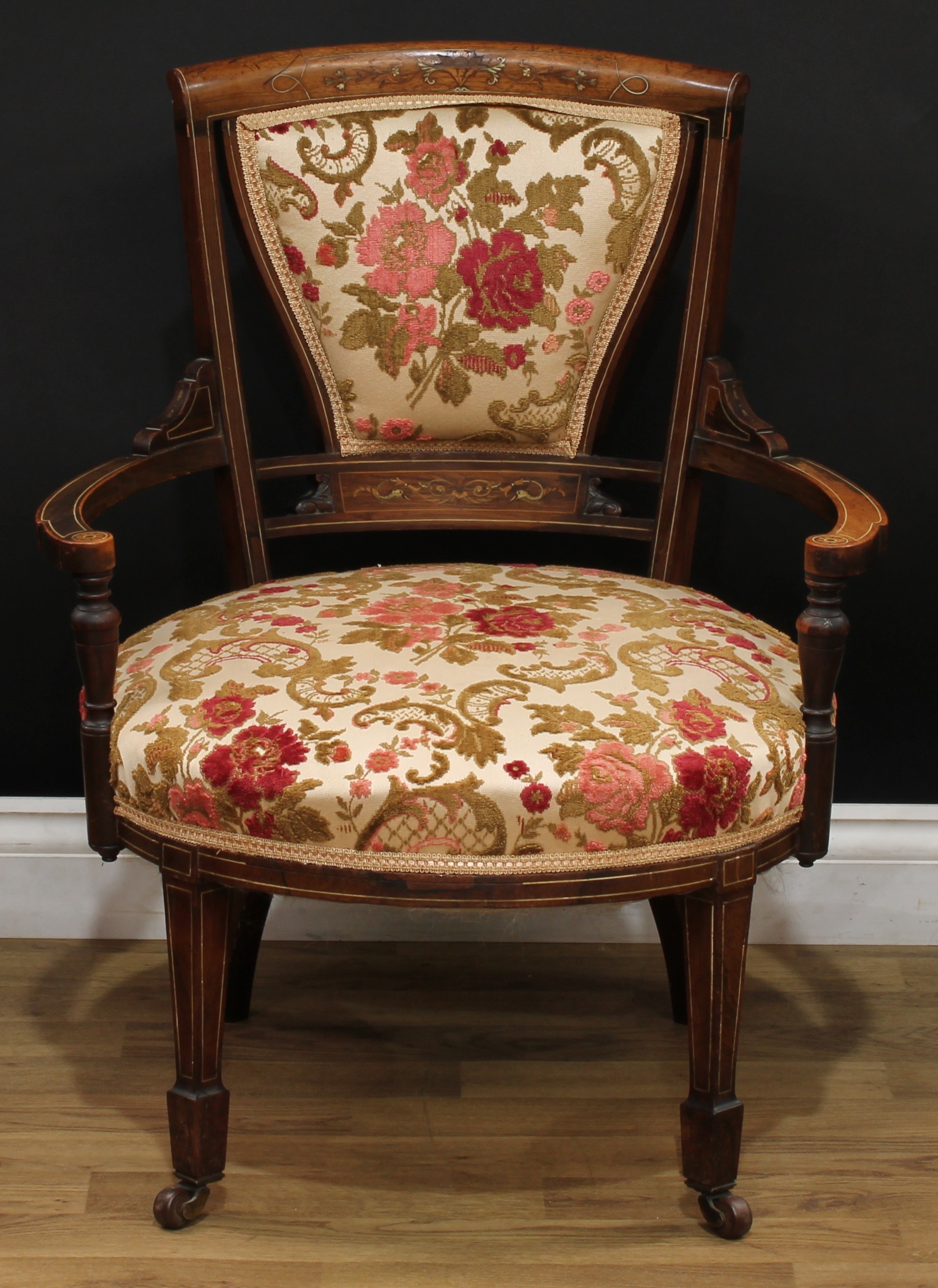 A late Victorian rosewood and marquetry four-piece drawing room suite, comprising a sofa, 85.5cm - Image 11 of 12