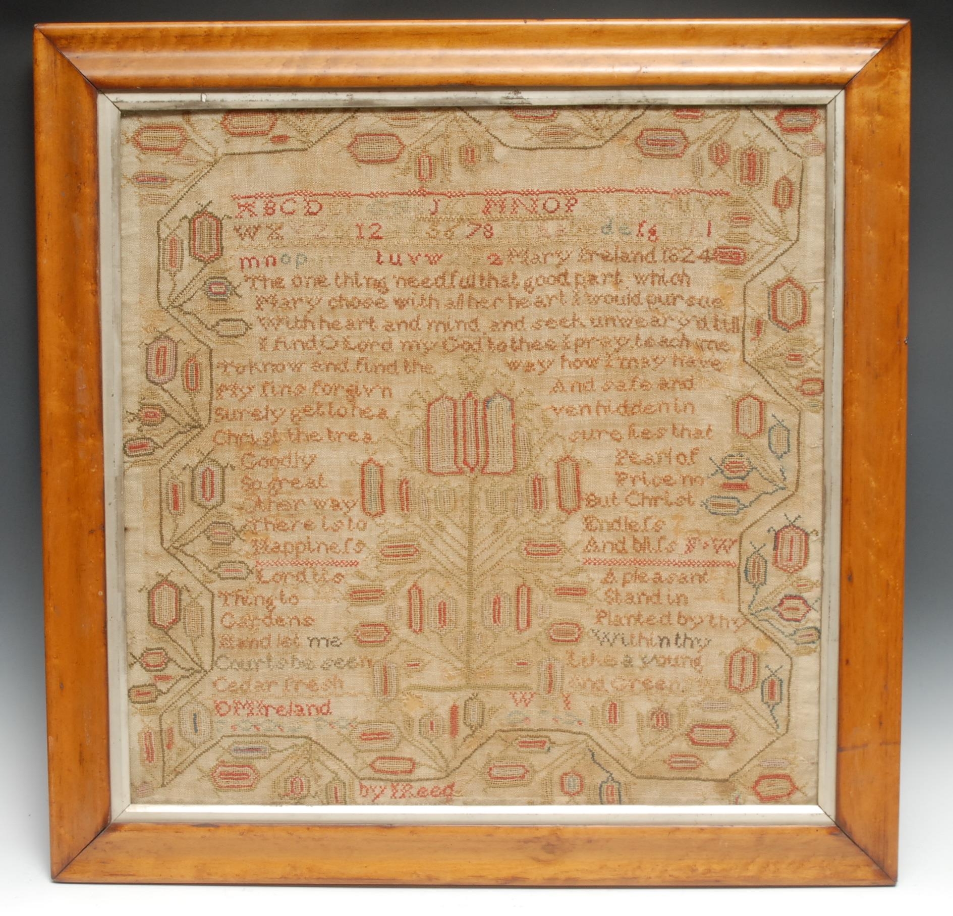 A 19th century needlework sampler, possibly by D.M. Ireland? and/or by Reed, worked in coloured