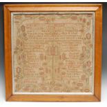 A 19th century needlework sampler, possibly by D.M. Ireland? and/or by Reed, worked in coloured